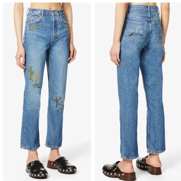 NEW Reformation Handicraft Embroidered High Rise Straight Jeans Juno Size 23 - Picture 2 of 14